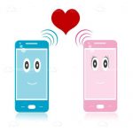 Pink and Blue Mobile Phone Icons with Red Heart and Signal Bars